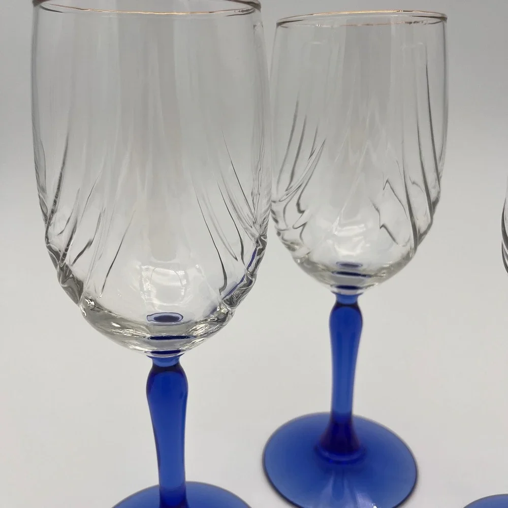 3 Vintage Wine Glasses Cobalt Blue Stem Gold Rim Optic Swirl Clear Bowl Set